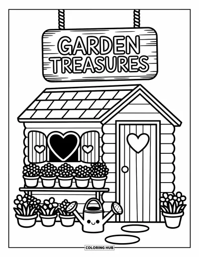 Dibujo de jardín para colorear para adultos: Un cobertizo de madera rodeado de macizos de flores, con una regadera cerca de la puerta