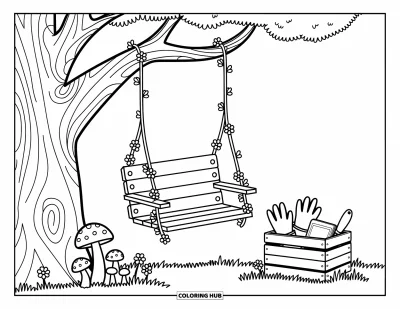 Dibujo de jardín para colorear para adultos: Un columpio de madera envuelto en enredaderas, que se balancea suavemente de un árbol robusto