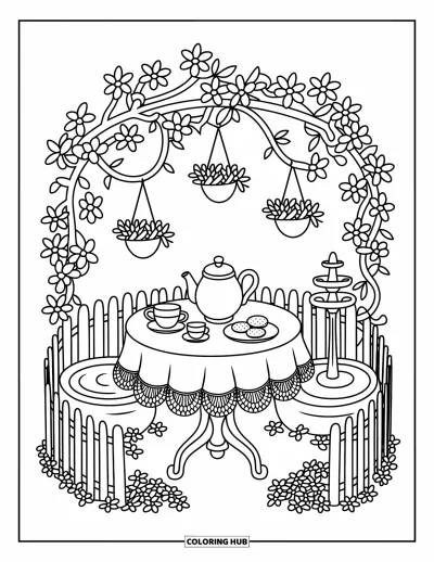 Dibujo de jardín para colorear para adultos: Una mesa de té de madera bajo un dosel floral, con una tetera y pequeños bocadillos