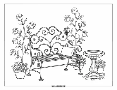Dibujo de jardín para colorear para adultos: Un elegante banco de jardín con una pequeña almohada y un libro apoyado en el asiento