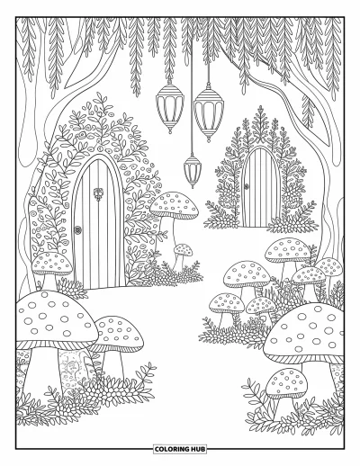 Dibujo de jardín para colorear para adultos: Un bosque encantado con hongos caprichosos y detalles intrincados