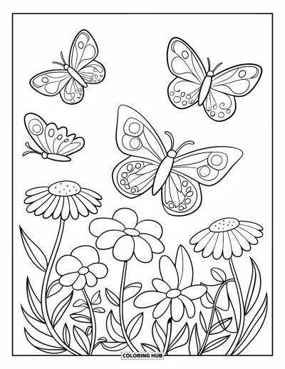 Dibujo de jardín para colorear para niños: Un jardín de mariposas lleno de alas revoloteando y flores silvestres en flor