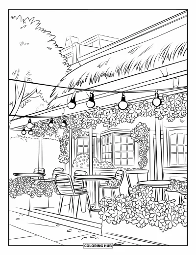 Dibujo de jardín para colorear para niños: Un encantador patio de café con flores en flor y linternas cálidas y brillantes