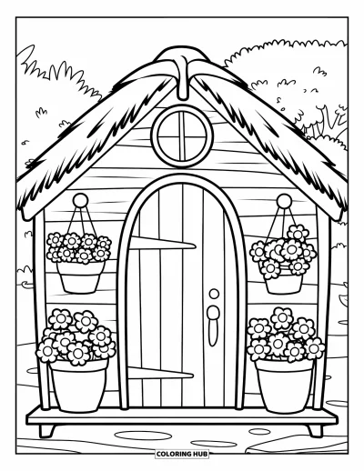 Dibujo de jardín para colorear para niños: Una encantadora casita de jardín con techo de paja y coloridas macetas