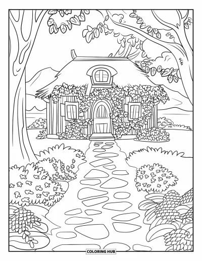 Dibujo de jardín para colorear para niños: Una encantadora cabaña cubierta de hiedra entre un paisaje lleno de flores