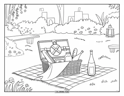 Dibujo de jardín para colorear para niños: Una encantadora cesta de picnic con pan fresco y mermelada en un jardín iluminado por el sol