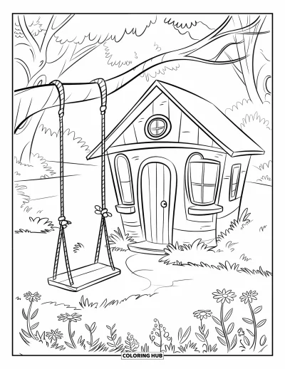 Dibujo de jardín para colorear para niños: Una encantadora casa del árbol con una puerta de madera y un columpio bajo una rama gruesa