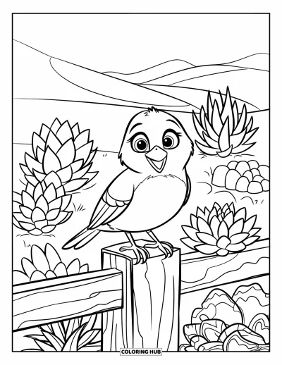Dibujo de jardín para colorear para niños: Un pájaro alegre en una cerca de madera, rodeado de suculentas exuberantes y colinas onduladas