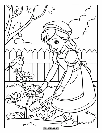 Dibujo de jardín para colorear para niños: Una niña alegre con delantal de jardinería plantando flores bajo un cielo azul brillante