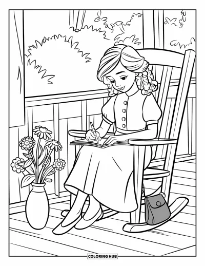 Dibujo de jardín para colorear para niños: Una chica de campo en una mecedora, dibujando flores con una sonrisa amable
