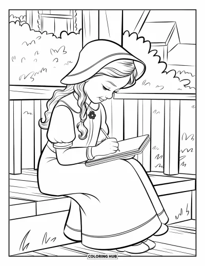 Dibujo de jardín para colorear para niños: Una chica cottagecore dibujando flores en un porche de madera, rodeada de naturaleza