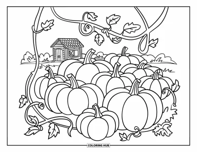 Dibujo de jardín para colorear para niños: Un acogedor huerto de calabazas otoñal con un pequeño cobertizo de madera y enredaderas frondosas