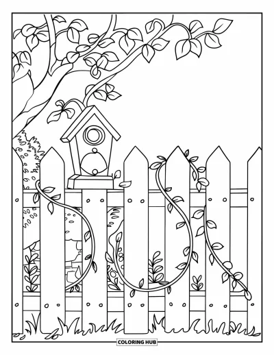 Dibujo de jardín para colorear para niños: Una acogedora cerca de patio trasero con una pajarera colgando entre enredaderas verdes sinuosas