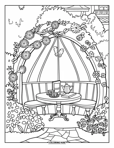 Dibujo de jardín para colorear para niños: Un rincón de jardín acogedor con una mesa de madera, un juego de té y un libro bajo los árboles