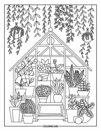 Dibujo de jardín para colorear para niños: Un acogedor invernadero de vidrio repleto de plantas exuberantes y un banco de madera