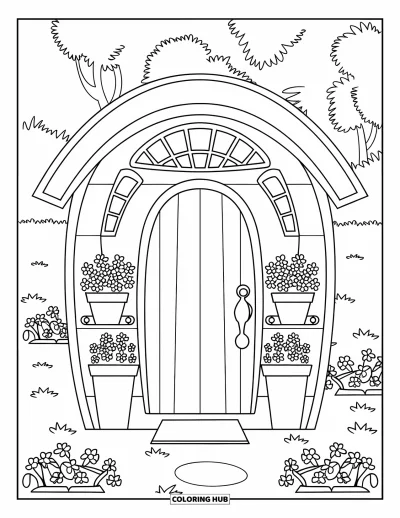 Dibujo de jardín para colorear para niños: Una casita acogedora con flores en macetas, enclavada en un exuberante jardín verde