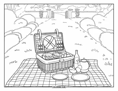 Dibujo de jardín para colorear para niños: Un acogedor picnic con sándwiches, fruta y una botella de jugo
