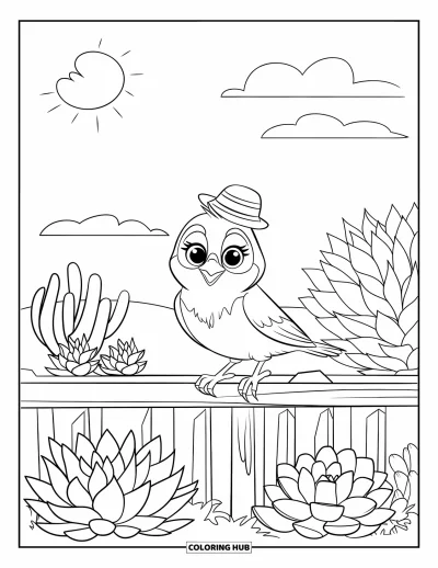 Dibujo de jardín para colorear para niños: Un pájaro curioso en una cerca de jardín, rodeado de suculentas de todas las formas y tamaños