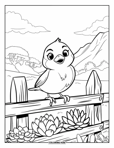Dibujo de jardín para colorear para niños: Un pájaro lindo posado en una cerca de madera, rodeado de suculentas regordetas y frondosas