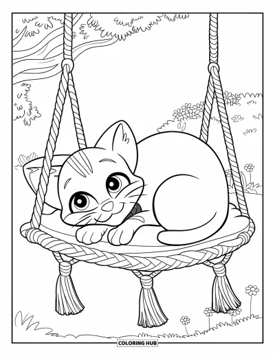 Dibujo de jardín para colorear para niños: Un gato lindo durmiendo la siesta en un columpio de macramé acogedor en un jardín tranquilo
