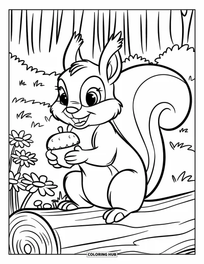 Dibujo de jardín para colorear para niños: Una ardilla linda sosteniendo una bellota cerca de un arbusto de margaritas en un bosque tranquilo