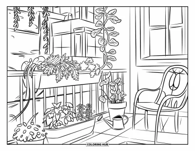 Dibujo de jardín para colorear para niños: Un jardín de balcón de ensueño con flores, hierbas y una acogedora silla de madera