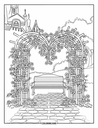 Dibujo de jardín para colorear para niños: Un arco de jardín de ensueño con rosas en flor y una abertura en forma de corazón