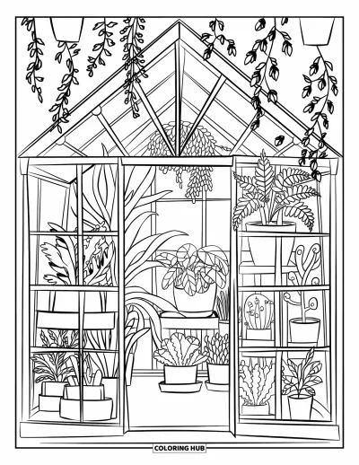 Dibujo de jardín para colorear para niños: Un invernadero de ensueño con vegetación colgante y luz solar entrando a raudales