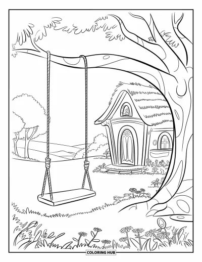 Dibujo de jardín para colorear para niños: Una casa del árbol de ensueño con un columpio y una vista tranquila de árboles y colinas