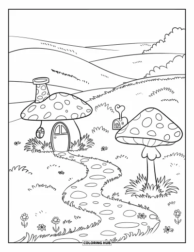 Dibujo de jardín para colorear para niños: Un hada sentada en un nenúfar en un jardín sereno lleno de hongos