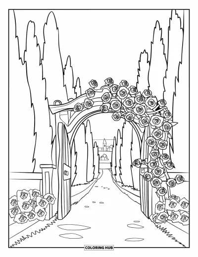 Dibujo de jardín para colorear para niños: Una puerta cubierta de flores que se abre a un tranquilo sendero de jardín con árboles altos
