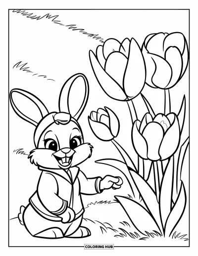 Dibujo de jardín para colorear para niños: Un conejito esponjoso cerca de un macizo de tulipanes, disfrutando del cálido jardín de primavera