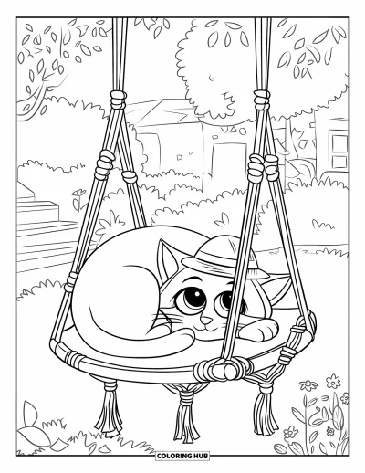 Dibujo de jardín para colorear para niños: Un gato esponjoso durmiendo en un columpio tejido, que cuelga suavemente de la rama de un árbol
