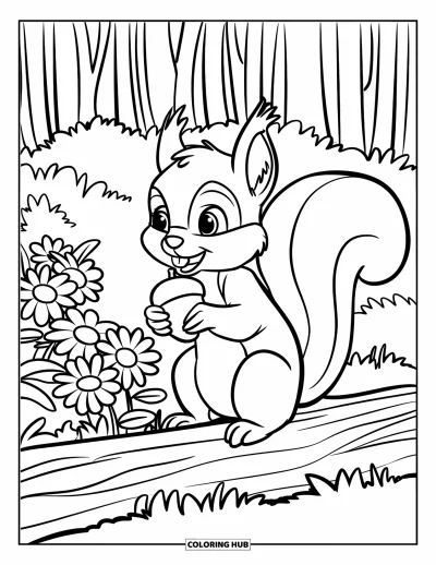 Dibujo de jardín para colorear para niños: Una ardilla esponjosa sentada en un tocón de árbol, mordisqueando felizmente una bellota