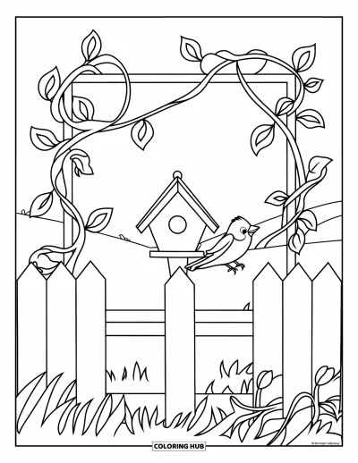 Dibujo de jardín para colorear para niños: Una cerca de jardín con una delicada pajarera encaramada entre flores en flor