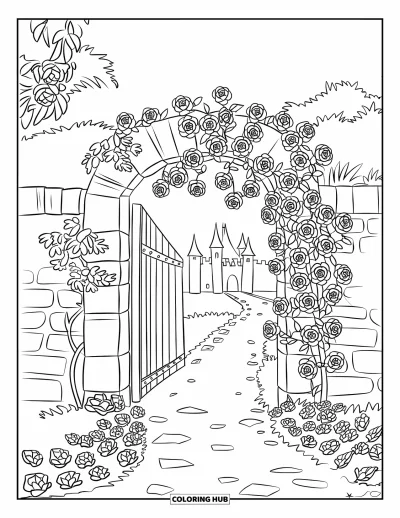 Dibujo de jardín para colorear para niños: Un sendero de jardín que conduce a una puerta de madera arqueada cubierta de rosas en flor
