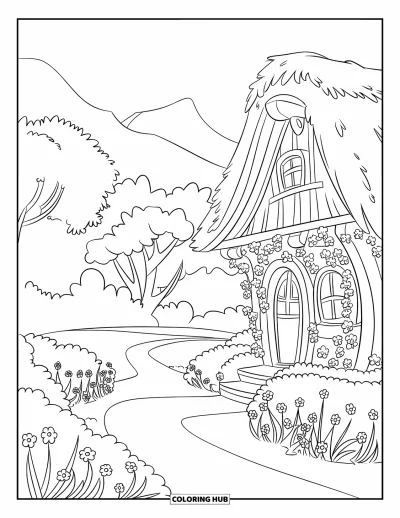 Dibujo de jardín para colorear para niños: Un sendero de jardín bordeado de flores que conduce a una acogedora cabaña cubierta de hiedra