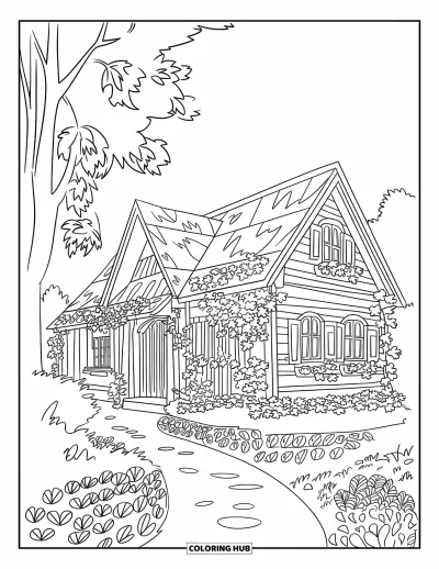 Dibujo de jardín para colorear para niños: Un sendero de jardín que serpentea hacia una tranquila cabaña de madera bajo los árboles