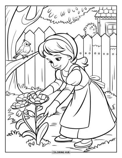 Dibujo de jardín para colorear para niños: Una escena de jardín con una niña con un gorro plantando flores cerca de una cerca de madera