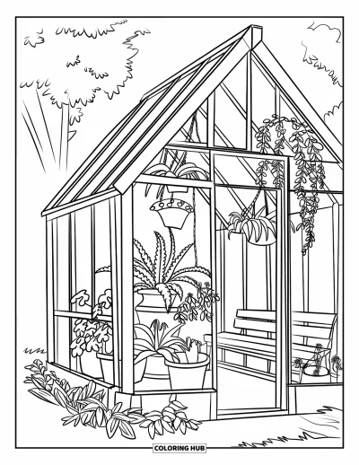 Dibujo de jardín para colorear para niños: Un invernadero lleno de helechos, plantas en macetas y enredaderas colgantes