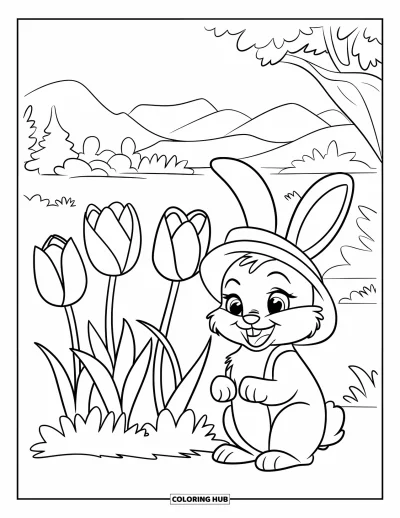 Dibujo de jardín para colorear para niños: Un conejito feliz sentado junto a un jardín de tulipanes, con un pequeño sombrero verde