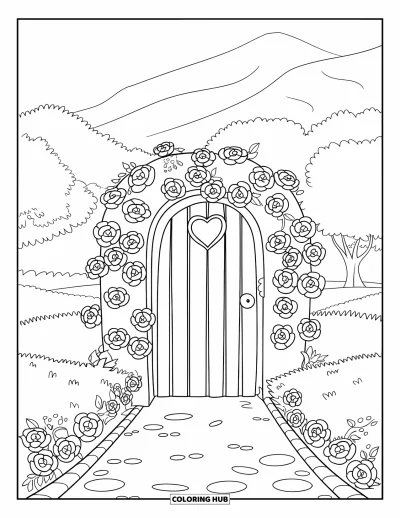 Dibujo de jardín para colorear para niños: Un arco en forma de corazón de rosas que conduce a una serena vista de la montaña