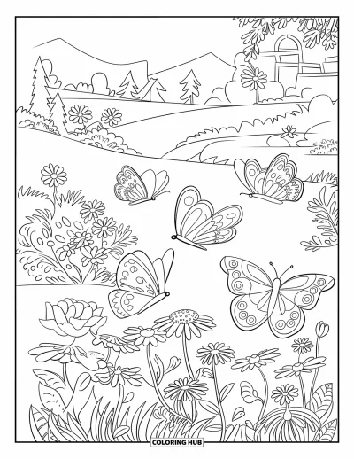 Dibujo de jardín para colorear para niños: Un exuberante jardín donde las mariposas danzan entre flores coloridas y abejas laboriosas