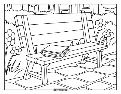 Dibujo de jardín para colorear para niños: Un banco de parque con un libro apoyado, escondido en un tranquilo camino empedrado