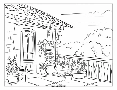 Dibujo de jardín para colorear para niños: Un tranquilo jardín en el balcón con una regadera y una vista del horizonte de la ciudad