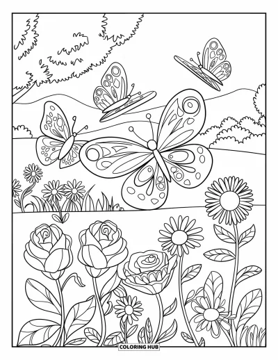 Dibujo de jardín para colorear para niños: Un tranquilo jardín de mariposas con flores delicadas y mariposas a la deriva