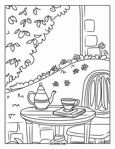 Dibujo de jardín para colorear para niños: Un lugar tranquilo en el jardín con una pequeña mesa de madera y una taza de té caliente