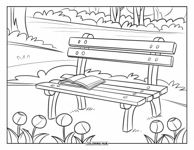 Dibujo de jardín para colorear para niños: Un banco de parque tranquilo con un libro abierto bajo un cielo lleno de nubes