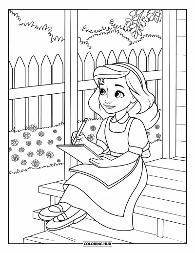 Dibujo de jardín para colorear para niños: Un porche tranquilo con una niña, un cuaderno de bocetos y un jarrón de flores recién cortadas