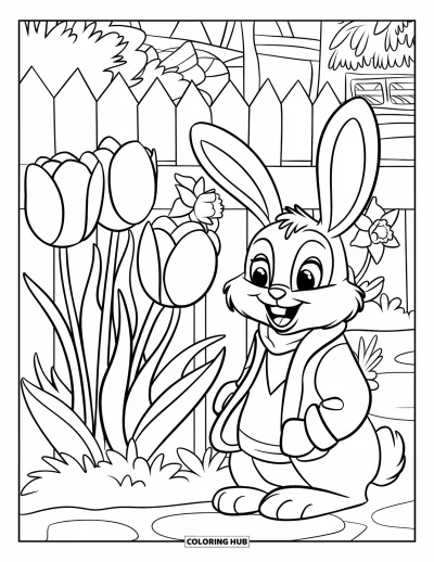 Dibujo de jardín para colorear para niños: Un conejito juguetón con una bufanda, sentado entre tulipanes y narcisos